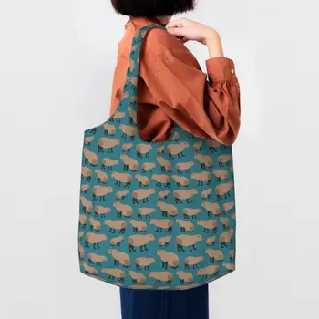 Капибара Забавные Популярные Животные с рисунком Продуктовые сумки для покупок Милая холщовая сумка для покупок через плечо Большая вместительная прочная сумка