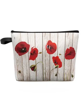 Винтажная деревянная текстура, косметичка с цветком Красного Мака, сумка для путешествий, женские косметические сумки, органайзер для хранения, пенал для карандашей