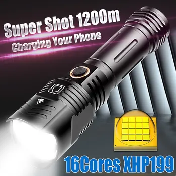 XHP199 16-ядерный Мощный светодиодный фонарик с дистанционным управлением 1200 м, USB Перезаряжаемый фонарь, Факел с зумом, Тактильная вспышка, Питание от батареи 26650