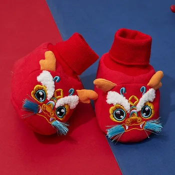 Новогодняя Детская Обувь Для Маленьких Мальчиков И Девочек, Детские Зимние Домашние Носки, Обувь Для Малышей, Носки Для Пола, Обувь Красного Цвета В Китайском Стиле