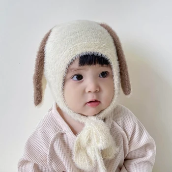 Зимняя шапка с милыми заячьими ушками, мягкая и теплая шапочка-ушанка для новорожденных в подарок