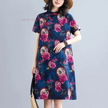 китайское винтажное платье 2024 года улучшенное платье ципао из хлопка и льна с национальным цветочным принтом чонсам традиционное восточное платье ципао