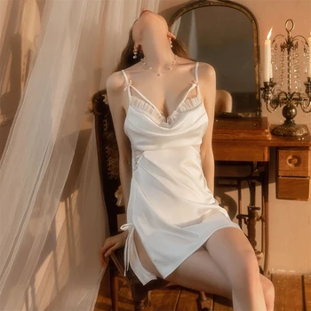 Летние ночные рубашки без рукавов, ночная рубашка с V-образным вырезом, ночное белье, женская сексуальная пижама, Кружевное Белое атласное ночное платье