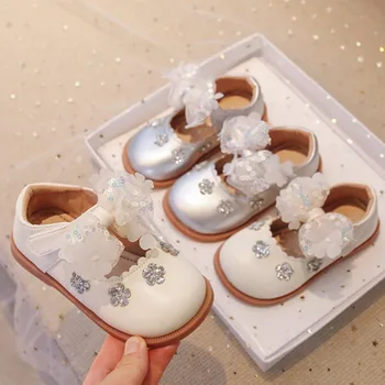 Новые туфли принцессы для девочек Туфли Мэри Джейнс с блестящим бантом Белые свадебные туфли для цветочницы Детская обувь для вечеринок Детские Детские 347R