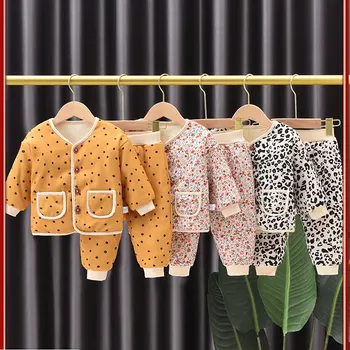 2023, Осенне-зимний комплект детской одежды для девочек, хлопковые плотные брюки для бега трусцой с цветочной каймой, Однобортный костюм с длинным рукавом