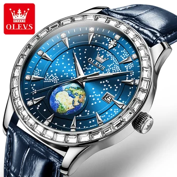 OLEVS Голубое Звездное Небо Бриллиантовые Кварцевые Часы Для Мужчин Модный Кожаный Ремешок Наручные Часы Водонепроницаемый Модный Земной Дизайн Мужские Часы