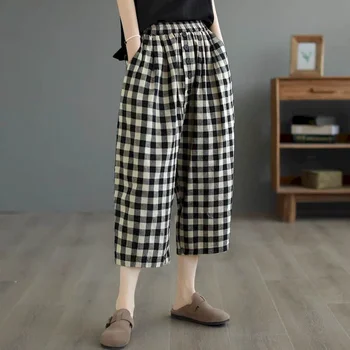 Хлопчатобумажные льняные брюки в клетку, свободные повседневные Винтажные брюки Harajuku в корейском стиле, широкие мешковатые брюки длиной до икр, женская одежда