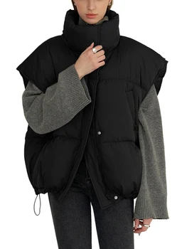 Женский пуховик без рукавов, однотонный жилет с воротником-стойкой, на молнии и пуговицах, зимняя куртка для улицы, пальто