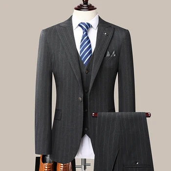 Новый бутик высокого класса (костюм + жилет + брюки) 2023, приталенное деловое свадебное платье в британском стиле, мужской костюм из трех комплектов