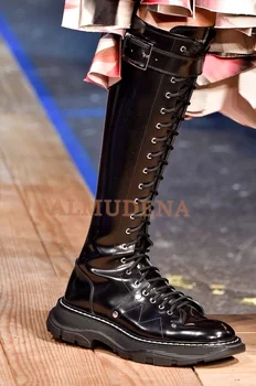 Женские Черные Кожаные ботинки на плоской подошве со шнуровкой, сапоги до колена, Белая застежка-молния с круглым носком, пояс, Удобная Роскошная Дизайнерская обувь, Осень 2022 г.