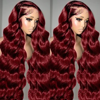 250% 30 40 дюймов 99J Бордовые парики с объемной волной 13x4 Парики из человеческих волос на кружеве для женщин, винно-красные бразильские парики Remy