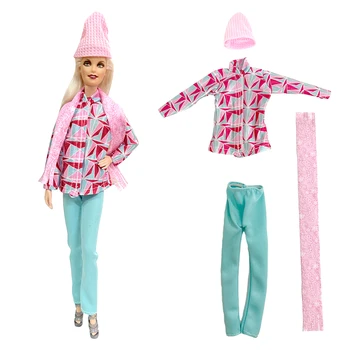 NK 4 Предмета/Комплект Одежды Модное Пальто + Шляпа + брюки + Лоскутный Наряд Для Куклы Барби Платье Игрушка Детский Подарок Для Девочки 1/6 Аксессуары Для Кукол