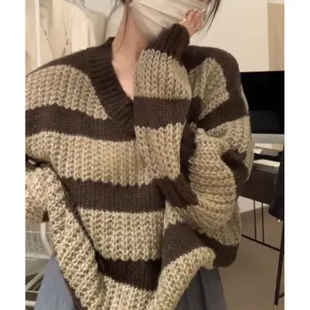 Полосатый свитер с длинными рукавами и V-образным вырезом 2022, женский осенний пуловер из нового корейского трикотажа