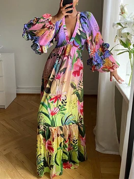 Длинное платье LZEQuella Boho с цветочным принтом, глубоким V-образным вырезом и рюшами, платья для праздничных вечеринок, летние платья 2023 Vestidos