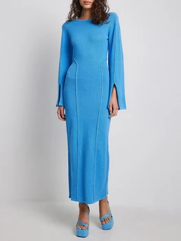 Женское милое синее трикотажное платье, винтажное платье-свитер с длинным рукавом и круглым вырезом, приталенное однотонное платье, клубная одежда для вечеринок