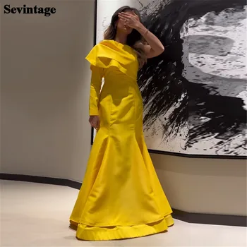 Sevintage Элегантные выпускные платья из светящегося желтого арабского атласа с длинным рукавом на одно плечо Длиной до пола vestidos de gala