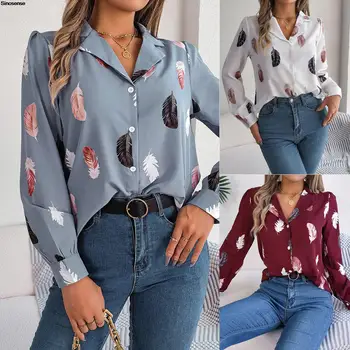 Женская весенне-осенняя рубашка на пуговицах, Повседневные рубашки с длинными рукавами и надрезом из перьев, Элегантные деловые блузки для работы в офисе, топы
