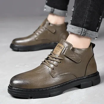 Мужские кожаные ботинки 2024, осень-зима, Роскошная мода, Новый тренд, короткие ботинки для взрослых в британском стиле, Прогулочная рабочая одежда, обувь для мужчин