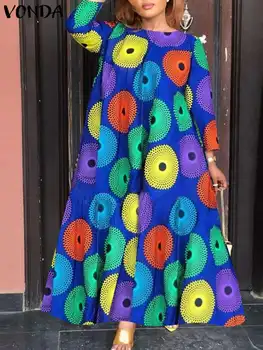 Плюс размер 5XL Винтажное длинное платье VONDA, женский модный осенний сарафан Макси с богемным принтом, повседневный свободный халат для вечеринки с рукавом 3/4