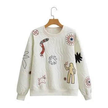 Женский модный повседневный свободный свитер с базовым рисунком вышивки 2023, Винтажный женский пуловер с круглым вырезом и длинными рукавами, модный топ