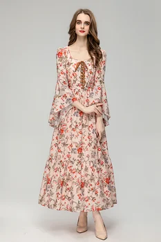 Новое модное летнее элегантное женское бальное платье для подиума с расклешенными рукавами и оборками в виде уздечки с цветочным принтом, длинные платья