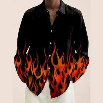 Высококачественная мужская рубашка с 3D-принтом Flame, мужские/женские повседневные модные рубашки с длинными рукавами, топы с лацканами и пуговицами, одежда унисекс оверсайза Оверсайз