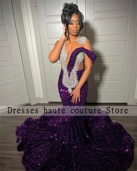 Сексуальные фиолетовые платья Русалки с блестками для выпускного вечера 2023 года Для чернокожих девушек, роскошное платье с прозрачным вырезом, расшитое бисером, для вечеринки по случаю дня рождения, вечернее платье