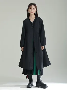Чжунчуан Ричжэнь, весна 2023, Новый нишевый дизайн, хлопковое пальто с V-образным вырезом, женское тонкое платье-пальто средней длины.