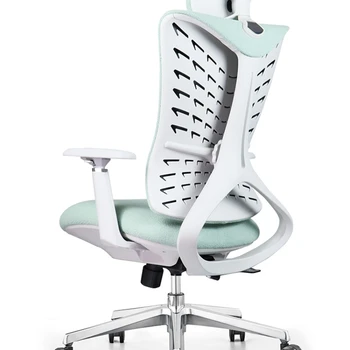 Компьютерное кресло с серо-белым каркасом, подъемными и вращающимися подлокотниками, удобной защитой талии, дышащей сетчатой тканью