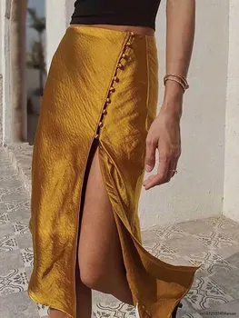 Женская летняя юбка нового дизайна 2023, однотонная желто-зеленая, с высокой талией, с разрезом сбоку, Сексуальные женские шелковые юбки