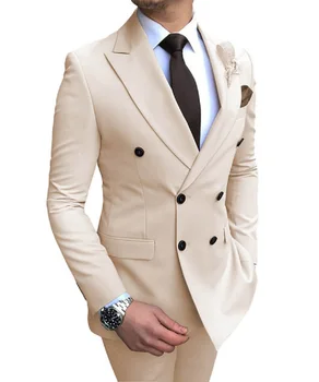 Мужской костюм, 2 предмета, двубортный вырез с лацканами, приталенный повседневный смокинг для свадьбы (блейзер + брюки)