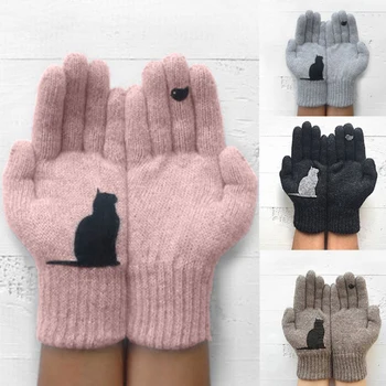 1 Пара Новых повседневных модных осенне-зимних уличных теплых шерстяных перчаток с рисунком кошки и птицы