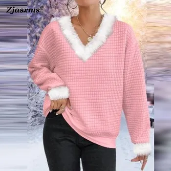 Женский однотонный флисовый воротник с капюшоном, женский повседневный пуловер с V-образным вырезом, Новая осенне-зимняя женская свободная толстовка с капюшоном в виде вафель