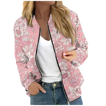 Women's Fashionable Casual Long Sleeve Floral/Leaf Print Round Neck Zipper Jacket куртки осенние женские chaqueta mujer пальто