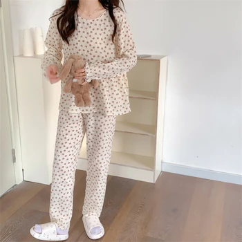 Пижама из чистого хлопка с длинными рукавами по реальной цене, корейская версия, милый кружевной комплект домашней одежды на весну и осень
