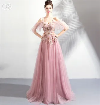 Трапециевидные Вечерние платья из тюля с кружевными цветами, расшитые бисером, Элегантные розовые вечерние платья 2020, новое модное платье для выпускного вечера для невесты XK151