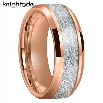 Обручальное кольцо из карбида вольфрама с белым метеоритом 8 мм Для мужчин И женщин, Обручальные кольца С закругленными краями, Плоская полированная отделка, Комфортная посадка